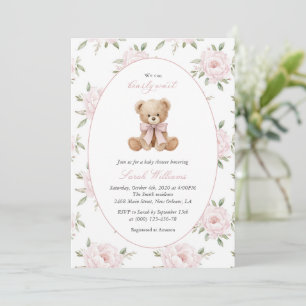 Teddybär, rosa Schleife, rosa Punkte, Babyparty Einladung
