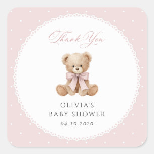 Teddybär, rosa Schleife, rosa Punkte, Babyparty Quadratischer Aufkleber