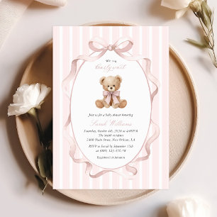 Teddybär, rosa Schleife, rosa Streifen, Babyparty Einladung