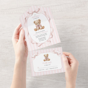 Teddybär, rosa Schleife, rosa Streifen, erster Geb All In One Einladung