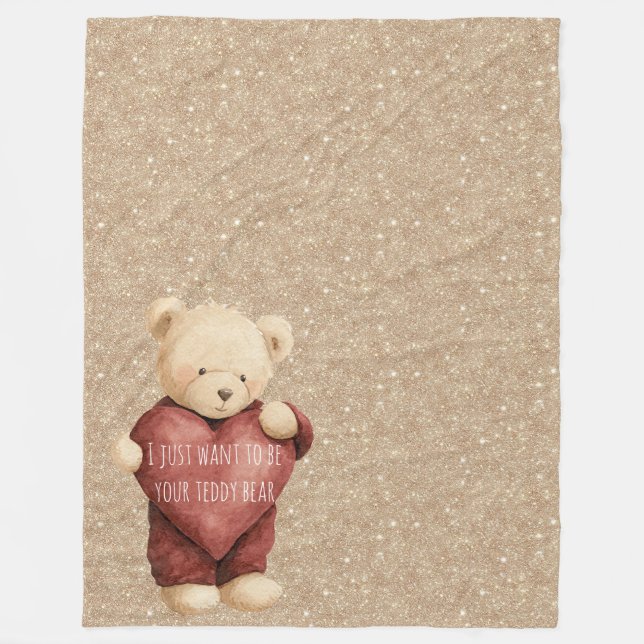 Teddybär rotes Herz Gold Glitter Fleecedecke (Vorderseite)
