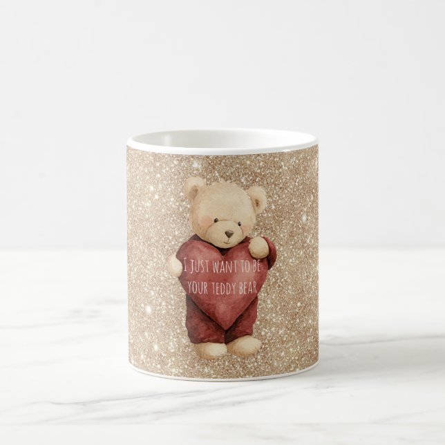 Teddybär rotes Herz Gold Glitter Kaffeetasse (Mittel)