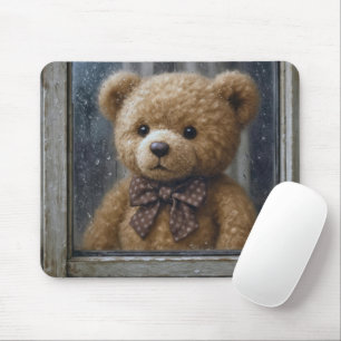 Teddybär schaut aus regnerischem Fenster Mousepad