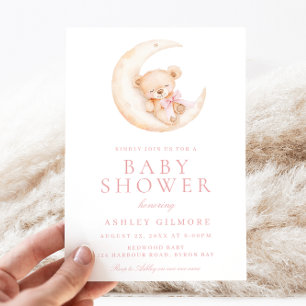 Teddybär schläft auf dem Mond Rosa Baby Shower Einladung