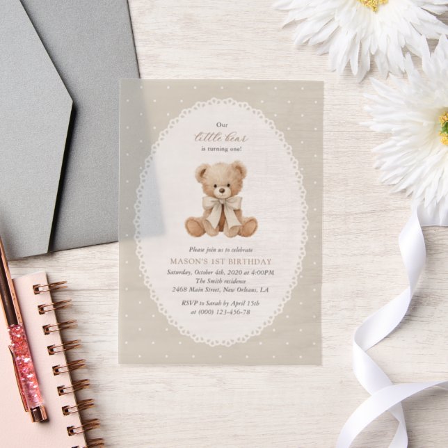 Teddybär, Schleife, beige Punkte, erster Geburtsta (Hochzeit)