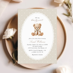 Teddybär, Schleife, beigefarbene Tupfen, Babyparty Einladung