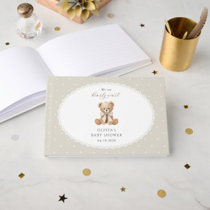 Teddybär, Schleife, beigefarbene Tupfen, Babyparty Gästebuch