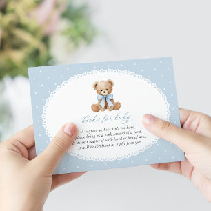 Teddybär, Schleife, blaue Punkte, Bücher fürs Baby Begleitkarte