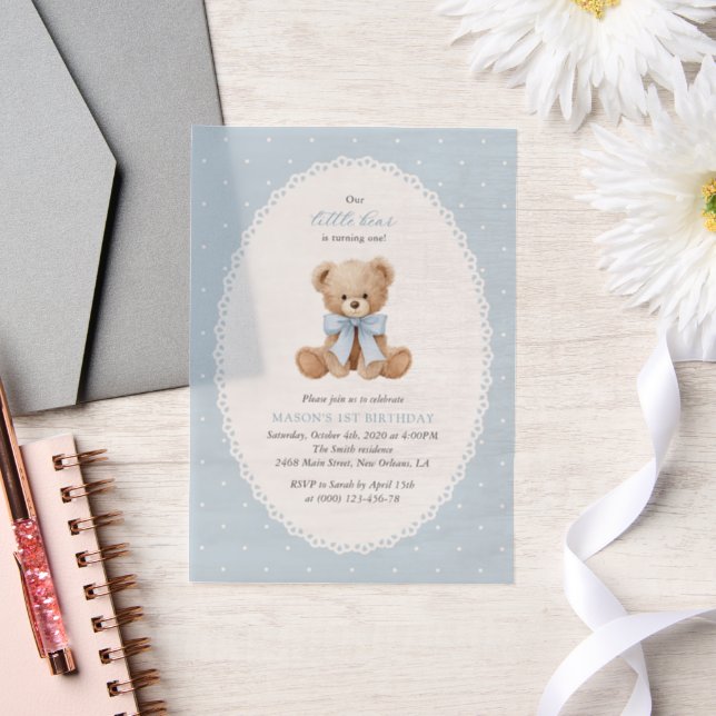 Teddybär, Schleife, blaue Punkte, erster Geburtsta (Hochzeit)