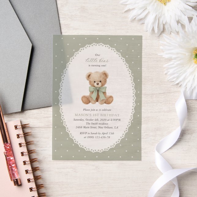 Teddybär, Schleife, grüne Punkte, erster Geburtsta (Hochzeit)