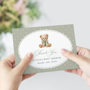 Teddybär, Schleife, grüne Tupfen, Babyparty Dankeskarte