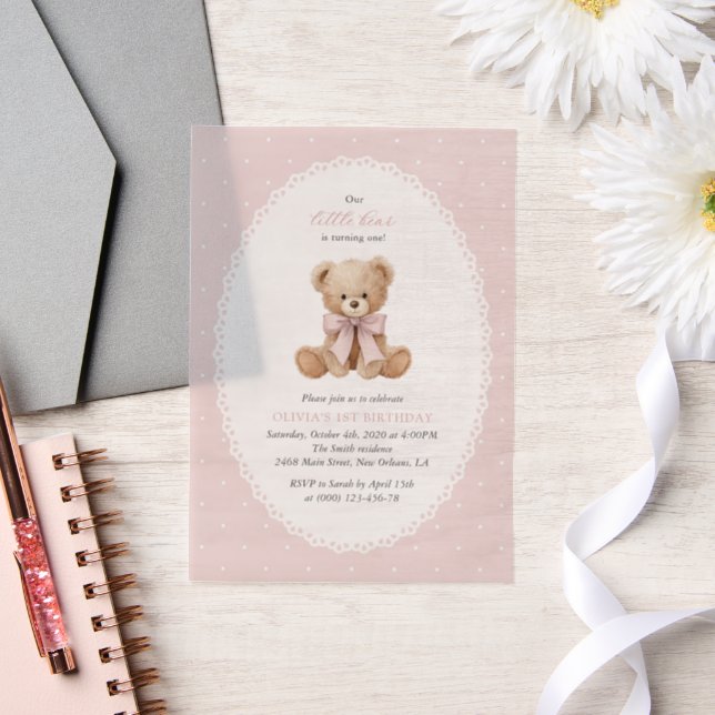 Teddybär, Schleife, rosa Punkte, erster Geburtstag (Hochzeit)