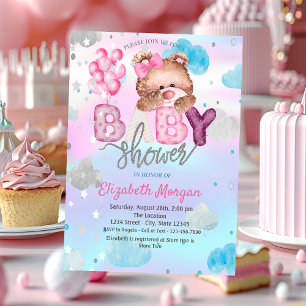 Teddybär Sterne Wolken Holografisch Babyparty Einladung