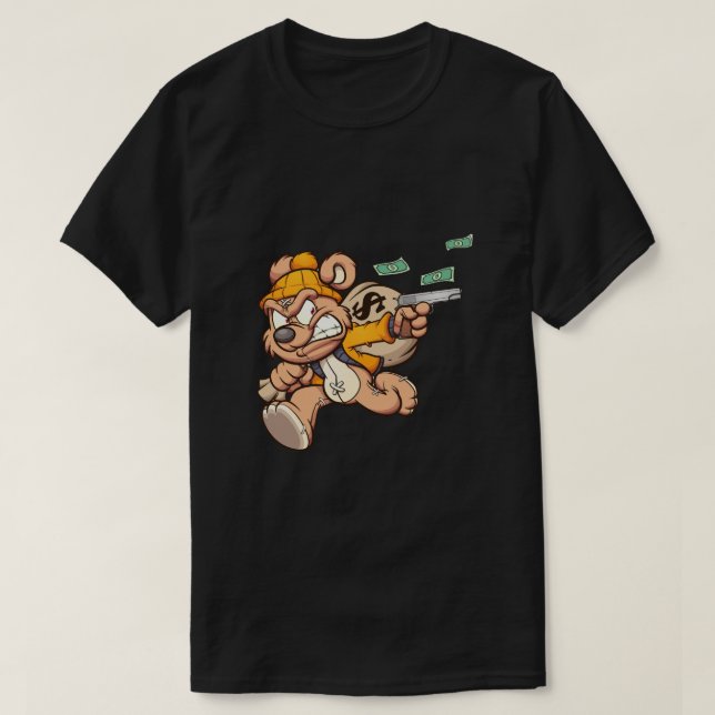Teddybär stiehlt eine große Tasche Geld T-Shirt (Design vorne)