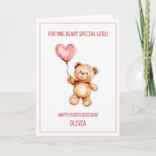 Teddybär Süßer Rosa Ballon Frohen 4. Geburtstag Karte