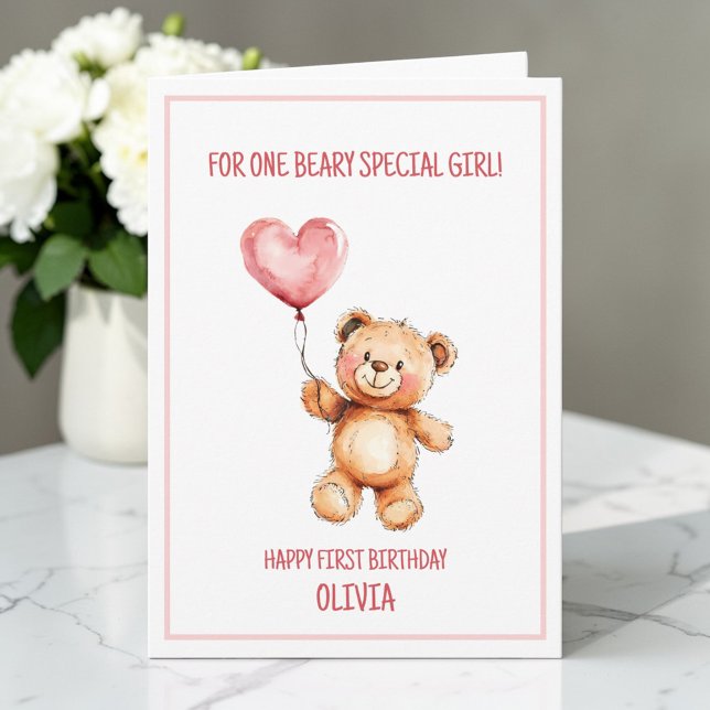 Teddybär Süßer Rosa Ballon Glücklicher 1. Geburtst Karte (Teddy Bear Cute Pink Balloon Happy 1st Birthday Card)