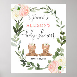Teddybär Twin Girls Babydusche Begrüßungszeichen Poster