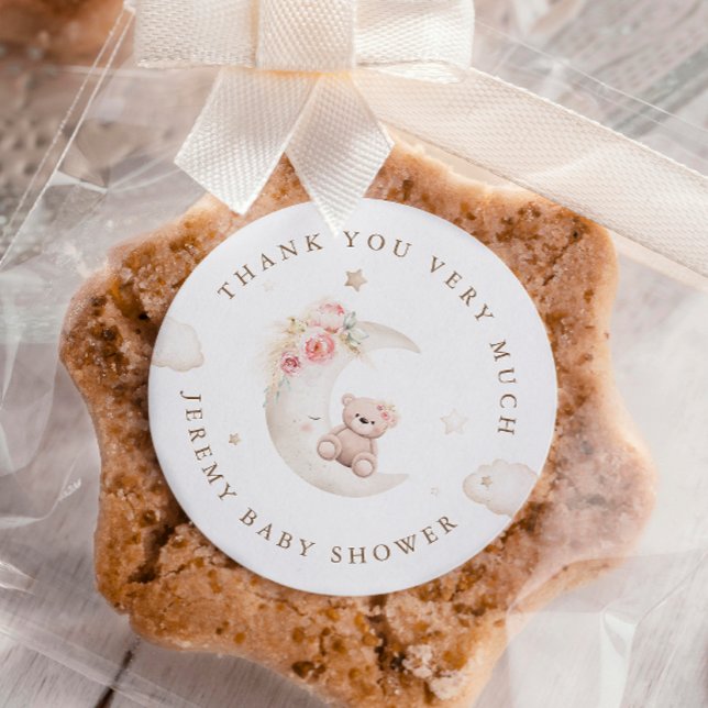 Teddybär über der neutralen Mond-Babydusche Runder Aufkleber (Von Creator hochgeladen)