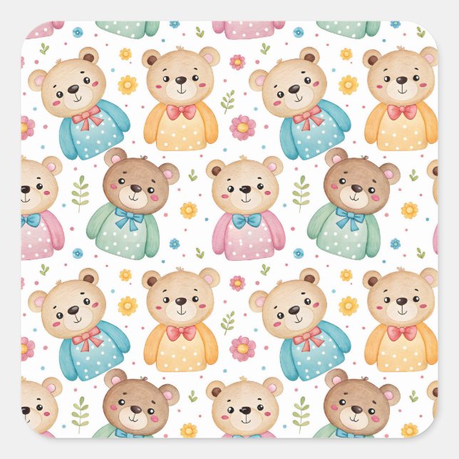 Teddybär und Blumen Quadratischer Aufkleber (Vorderseite)