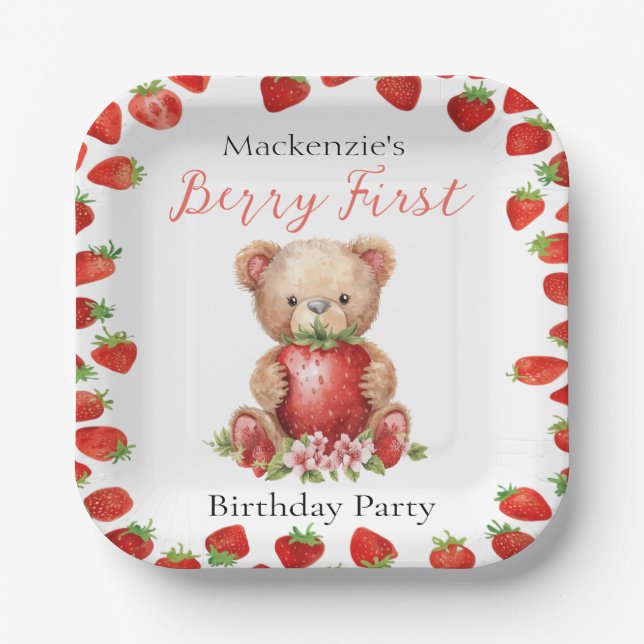 Teddybär und Erdbeere erster Geburtstag Pappteller (Vorderseite)