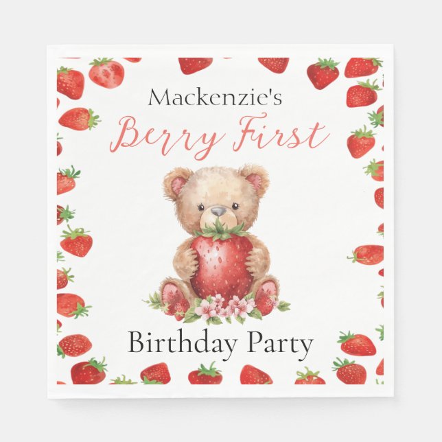 Teddybär und Erdbeere erster Geburtstag Serviette (Vorderseite)