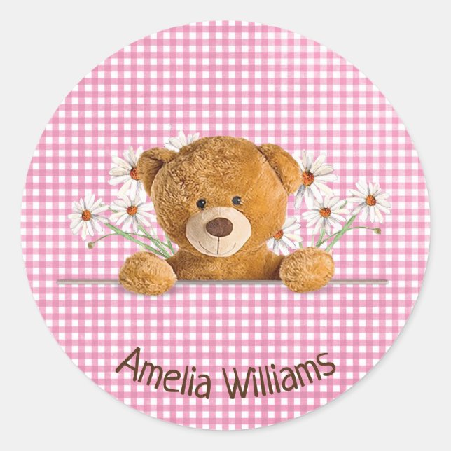 Teddybär und Gänseblümchen auf Gingham Runder Aufkleber (Vorderseite)