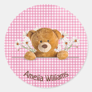 Teddybär und Gänseblümchen auf Gingham Runder Aufkleber
