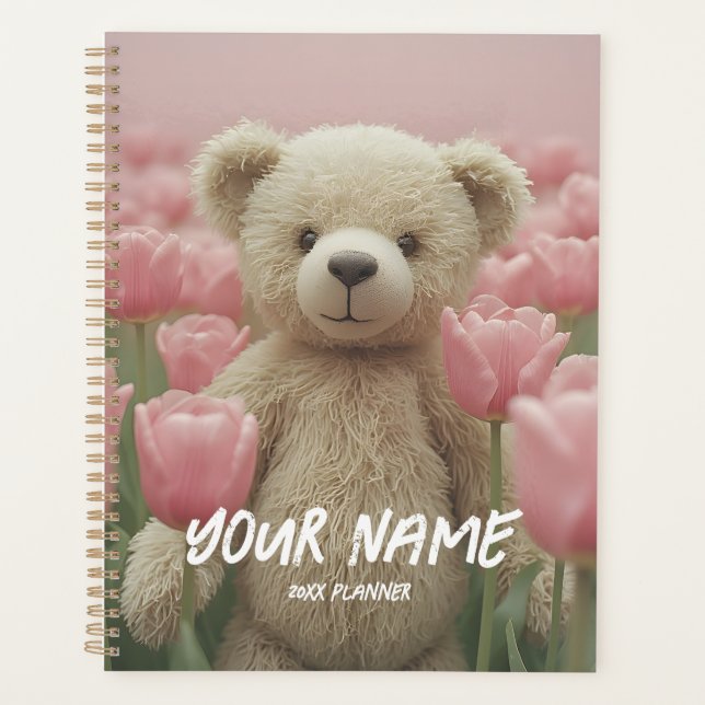 Teddybär und rosa Tulpe Planer Sanfte Planung (Vorderseite)