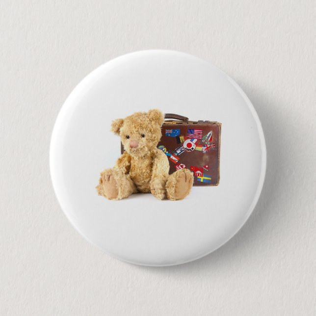 Teddybär und Vintager alter Koffer mit Weltwti Button (Vorderseite)