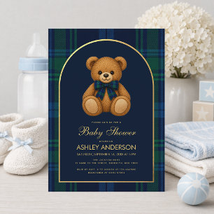 Teddybär Vornehm Junge Babyparty Blau karierter Bo Einladung