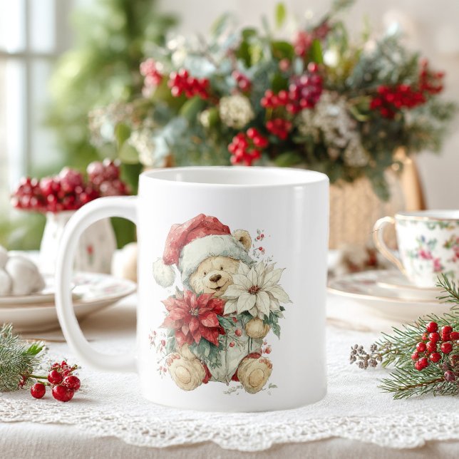 Teddybär Weihnachtsmann mit Weihnachtsblumen Kaffeetasse (Von Creator hochgeladen)