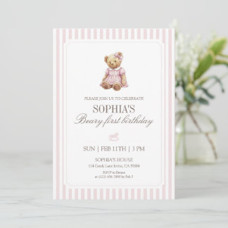 Teddybär zum ersten Geburtstag mit rosa Streifen Einladung