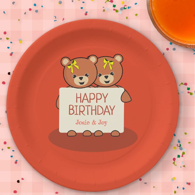 Teddybär-Zwillinge oder -Geschwister Geburtstagsfe Pappteller (Teddy Bear Twins Birthday Party Plate)