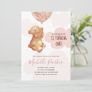 Teddybärchen Rosa Wolken 1. Geburtstagseinladung Einladung