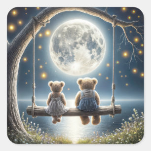 Teddybären auf einer Schaukel im Mondlicht Quadratischer Aufkleber