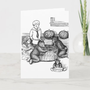 Teddybären, die für Äpfel auf Halloween sich Karte