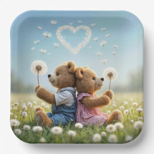 Teddybären mit Löwenzahn-Herz Pappteller