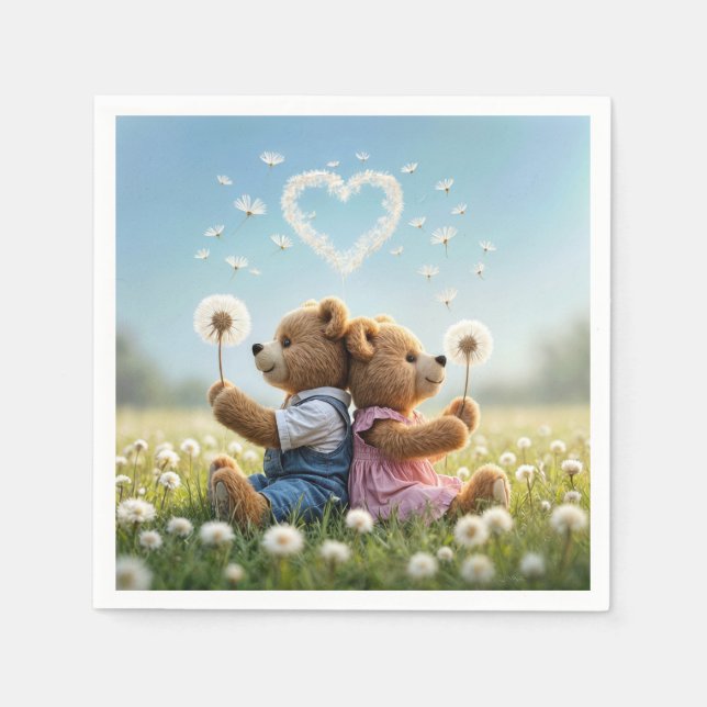Teddybären mit Löwenzahnherz Serviette (Vorderseite)