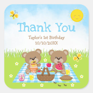 Teddybären Picknick Geburtstag Blau Gingham Danke Quadratischer Aufkleber
