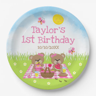 Teddybären-Picknick-Rosa-Gingham-Geburtstagsfeier Pappteller