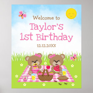 Teddypicknick Rosa Geburtstags-Willkommensschild Poster
