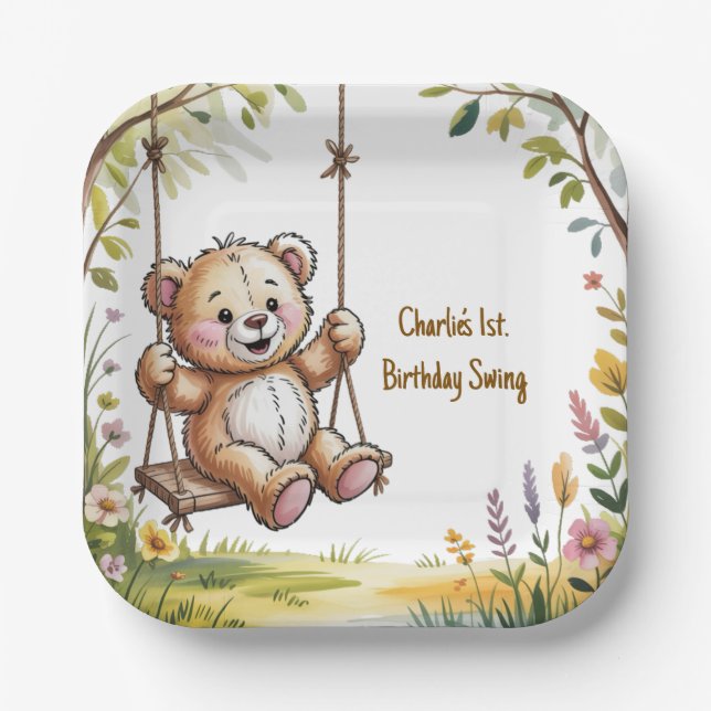 Teddys erstes GeburtstagsschwingenParty Pappteller (Vorderseite)