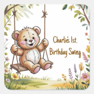 Teddys erstes GeburtstagsschwingenParty Quadratischer Aufkleber