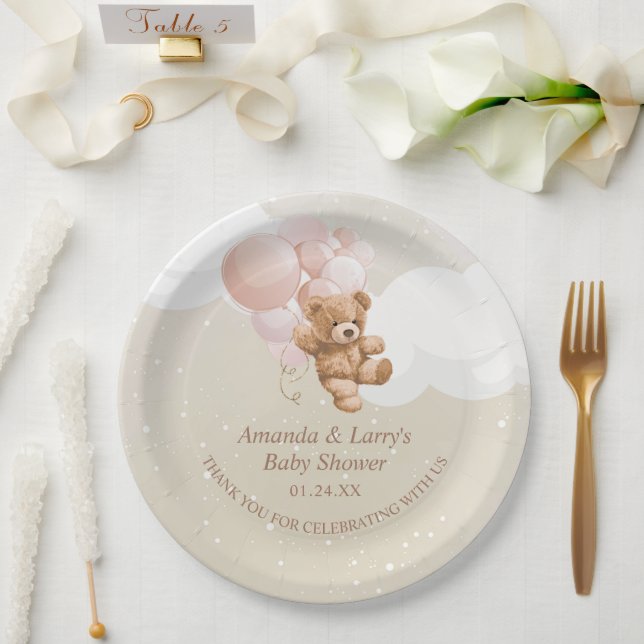 Teddys mit rosa Luftballons Pappteller (Hochzeit)