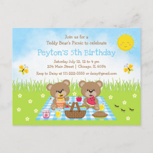Teddys Picknick-Geburtstag in blauem Gingham Postkarte