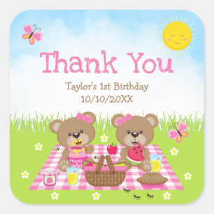 Teddys Picknick Geburtstag Rosa Gingham Danke Quadratischer Aufkleber