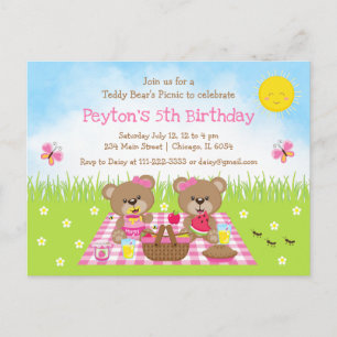 Teddys Picknick Geburtstag Rosa Gingham Postkarte