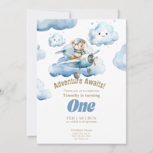 Teddy's Sky-High First Birthday Adventure Einladung (Vorderseite)