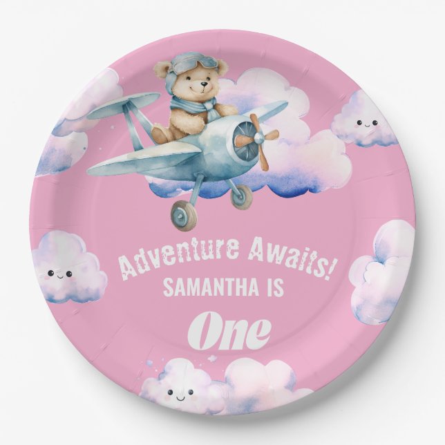 Teddy's Sky-High Soiree: Ein erster Geburtstag Pappteller (Vorderseite)