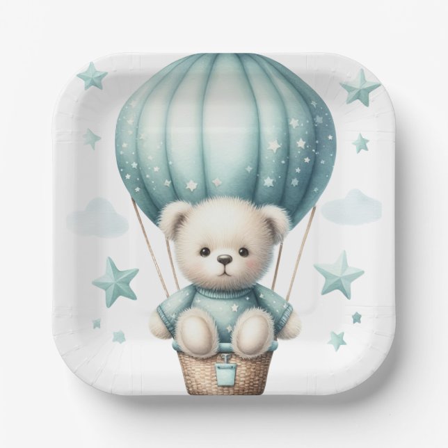 TEDY BEAR MIT PASTEL GREEN BALLOON PAPPTELLER (Vorderseite)